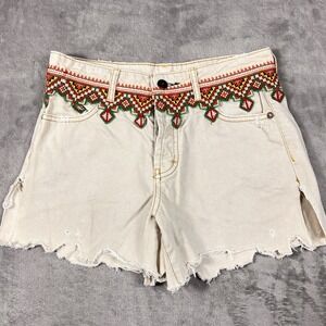 Free People We The Free Womens Size 25 Ivory Embroidered Borderline Cutoff Denim
